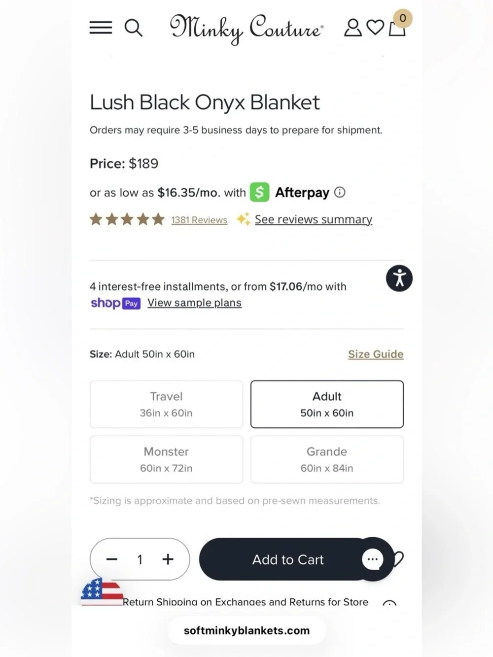 Minky Couture Adult Size 50x60 Black Faux Fur Blanket